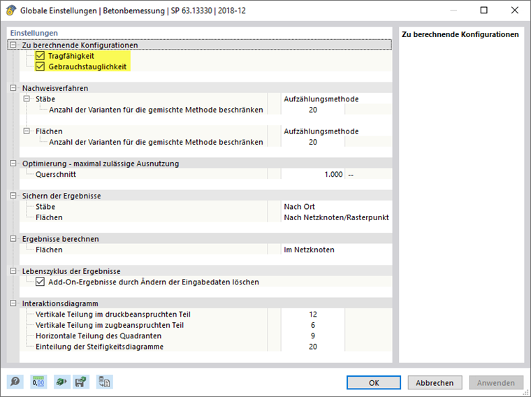 Konfigurationen für Betonbemessung nach SP 63.13330