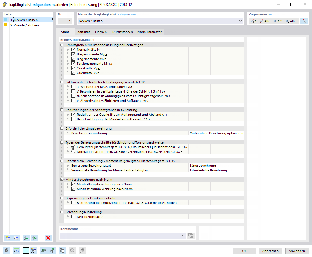Tragfähigkeitskonfiguration bearbeiten