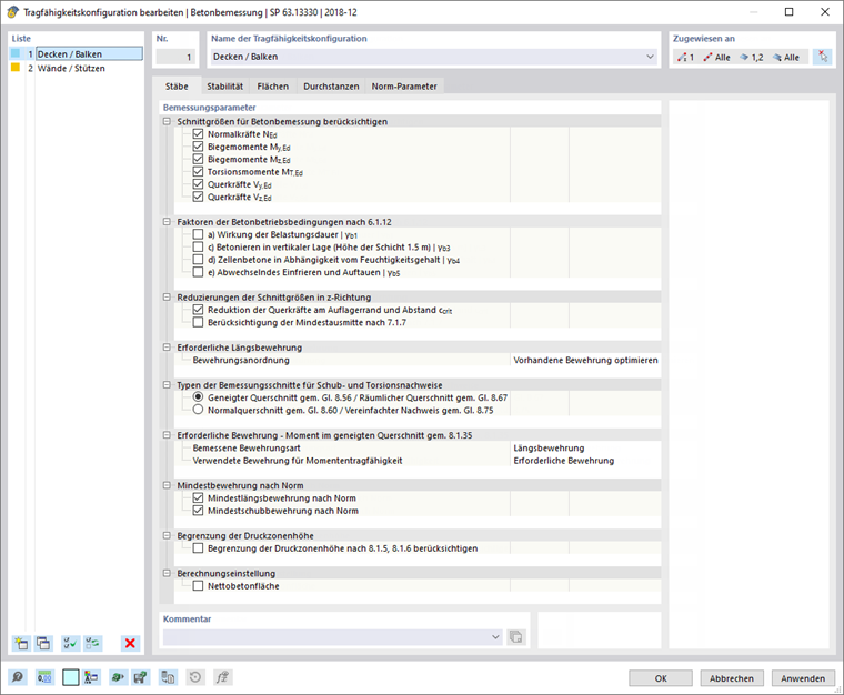 Tragfähigkeitskonfiguration bearbeiten