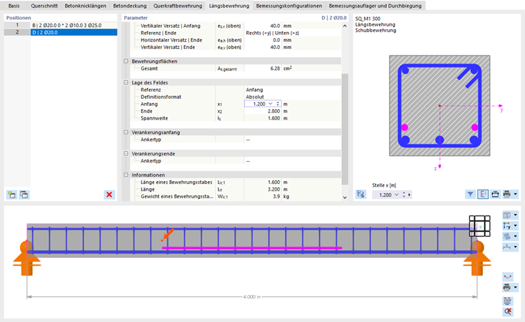 Lage des Feldes auf Stabanfang bezogen definieren (Definitionsformat 'Absolut')