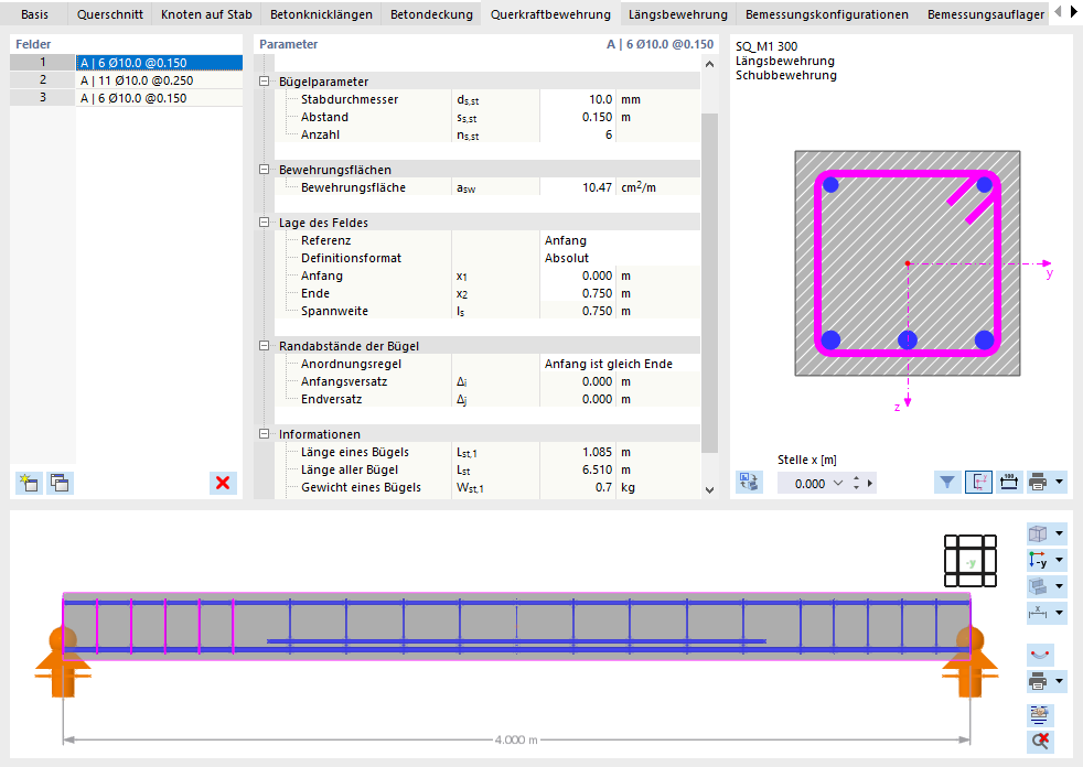 Bewehrungsgrafiken für Querschnitt und Stab
