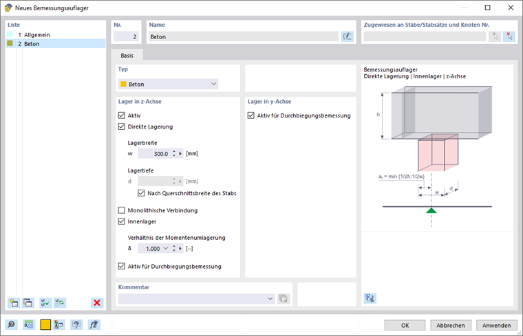 Dialog 'Neues Bemessungsauflager'