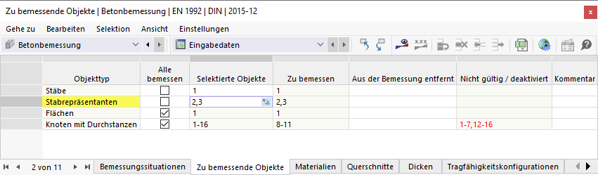Stabrepräsentanten für Bemessung festlegen