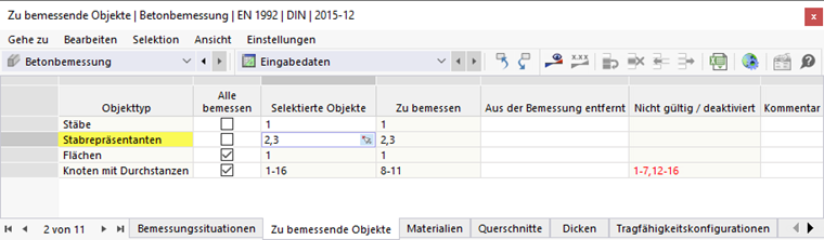 Stabrepräsentanten für Bemessung festlegen