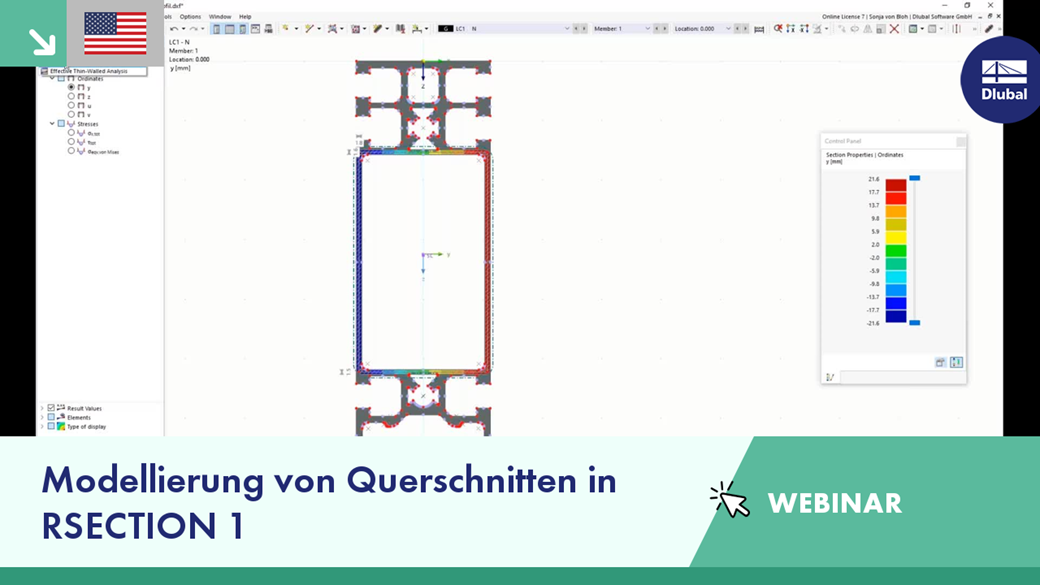 3D-Ansicht eines Querschnittsmodellierungsprozesses in einem Webinar zu RSECTION 1, das die Analyse eines Querschnitts der Struktur zeigt.