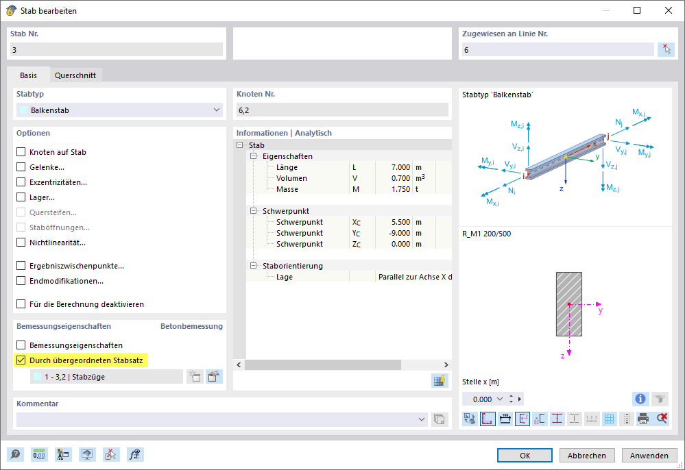 Bemessungseigenschaften des Stabes 'Durch übergeordneten Stabsatz' vorgegeben
