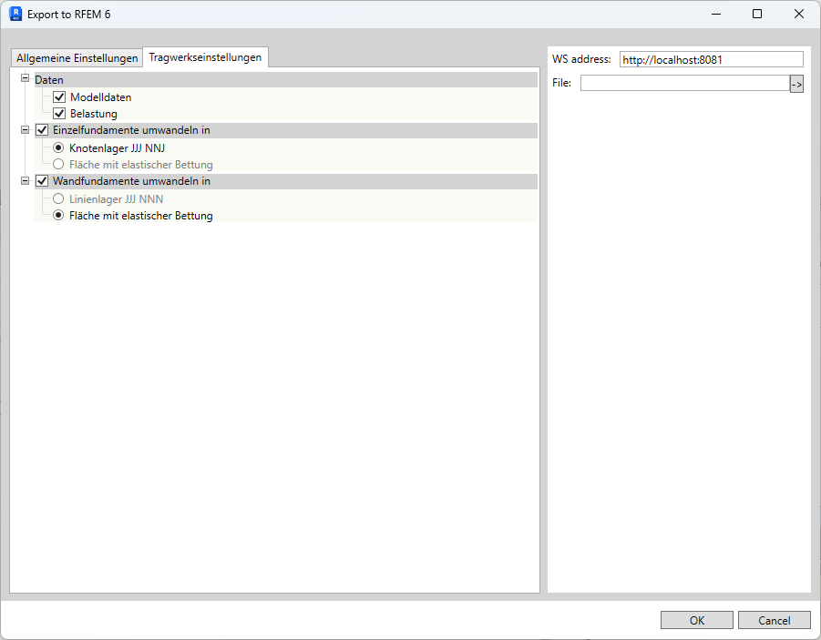 Export nach RFEM – Tragwerkseinstellungen