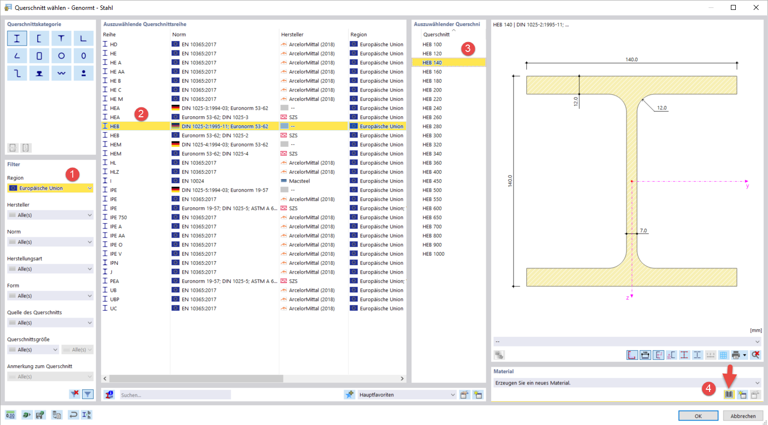 Querschnitt HEB 140 in der Bibliothek auswählen