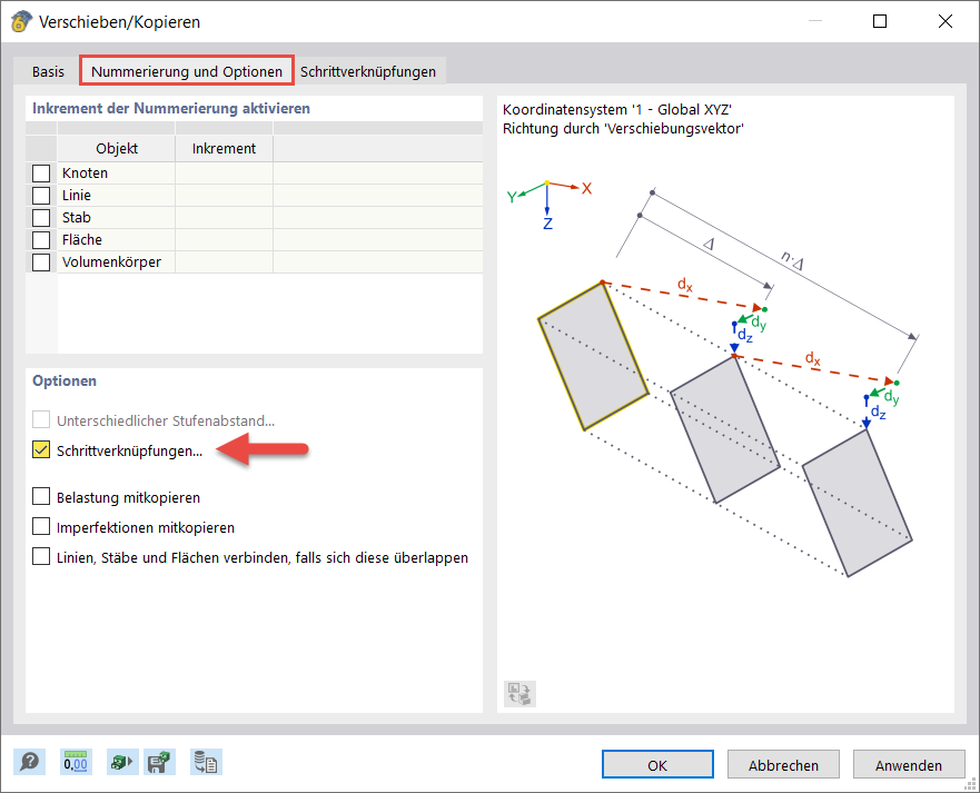 Detailansicht der Aktivierung der Schrittverknüpfung in Treppenhaus-Modul für kontinuierliche Analyse.