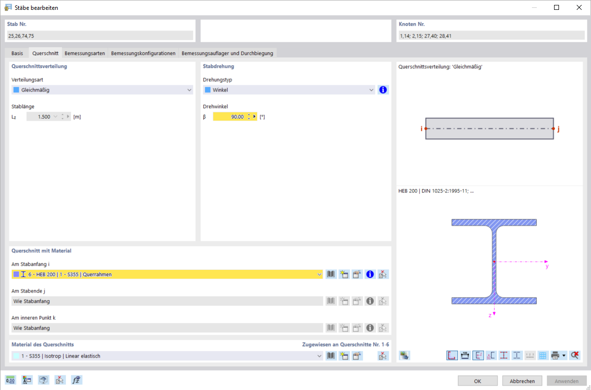 Querschnitt und Ausrichtung der äußeren Pfosten