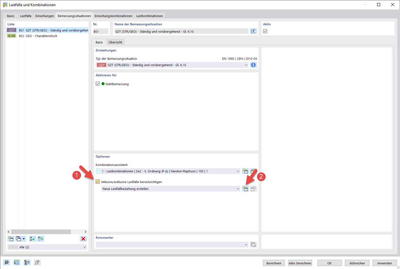 Voneinander abhängige Lastfälle aktivieren