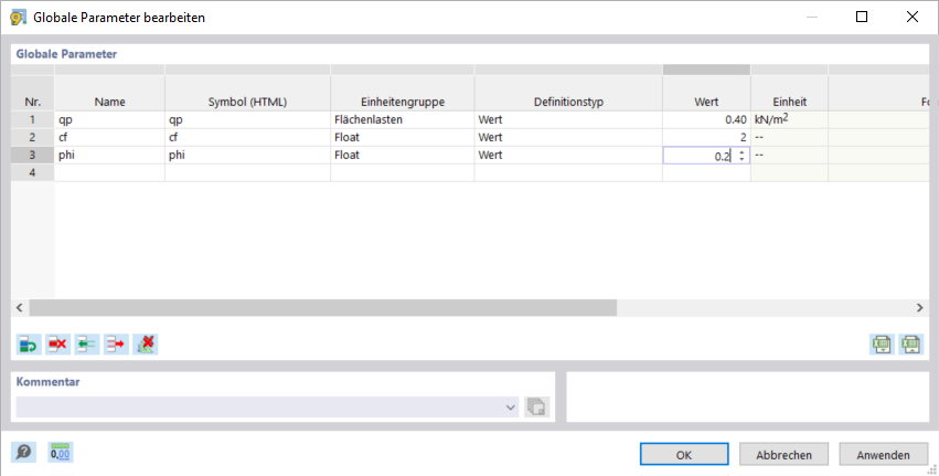 Globale Parameter bearbeiten