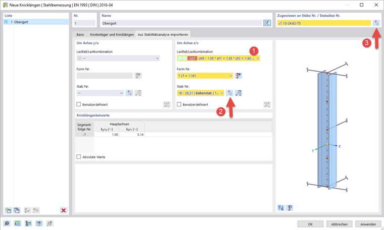 Knicklänge aus Stabilitätsanalyse importieren