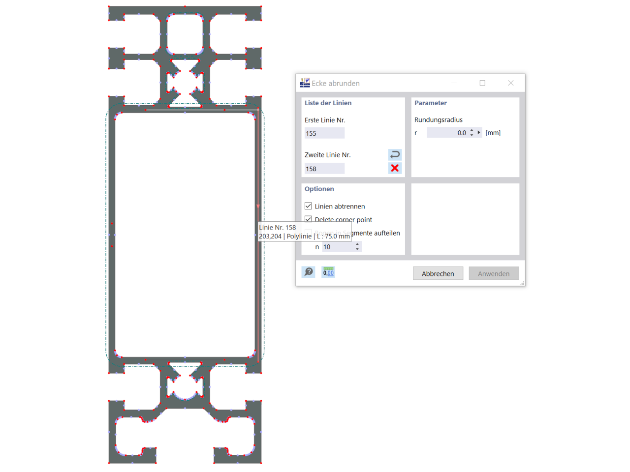 Mittellinien mit Funktion 'Ecke abrunden' verbinden