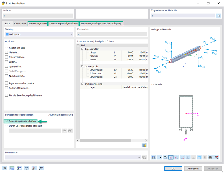 Aktivierung der Bemessungseigenschaften