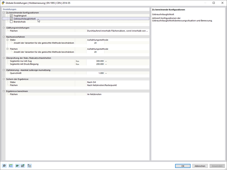 Globale Einstellungen für Holzbemessung
