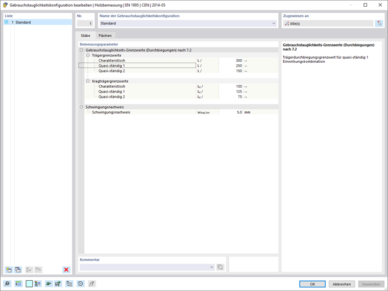 Gebrauchstauglichkeitskonfiguration mit Grenzwerten für Durchbiegungen