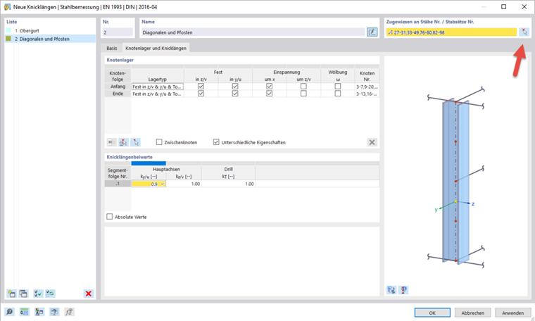 Knicklängen der Diagonalen und Pfosten