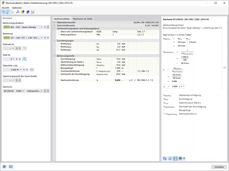 Nachweisdetails für Durchbiegungsnachweis des Querträgers