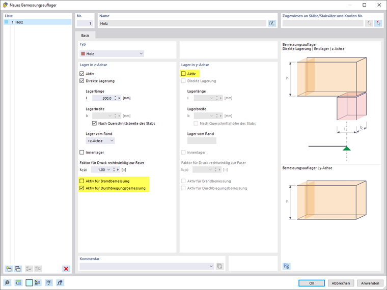 Neues Bemessungsauflager des Typs 'Holz' definieren