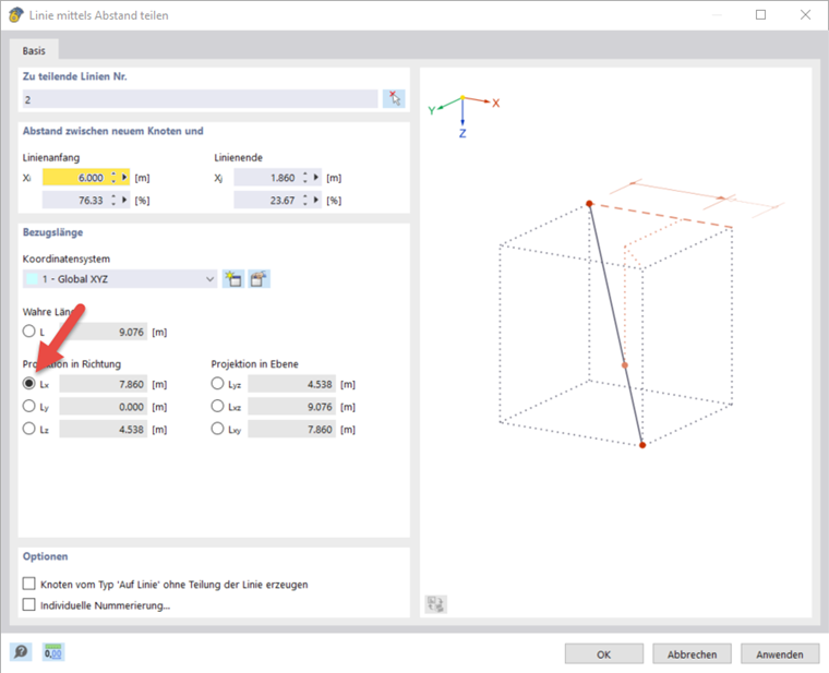Dialog 'Linie mittels Abstand teilen'
