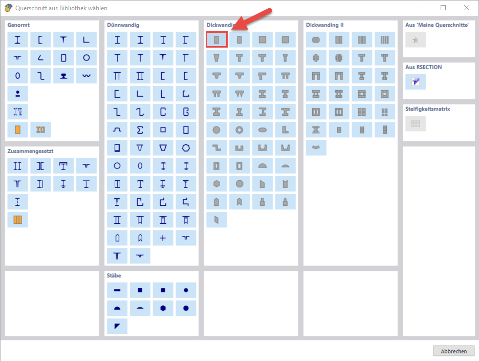 Dickwandigen Rechteckquerschnitt wählen