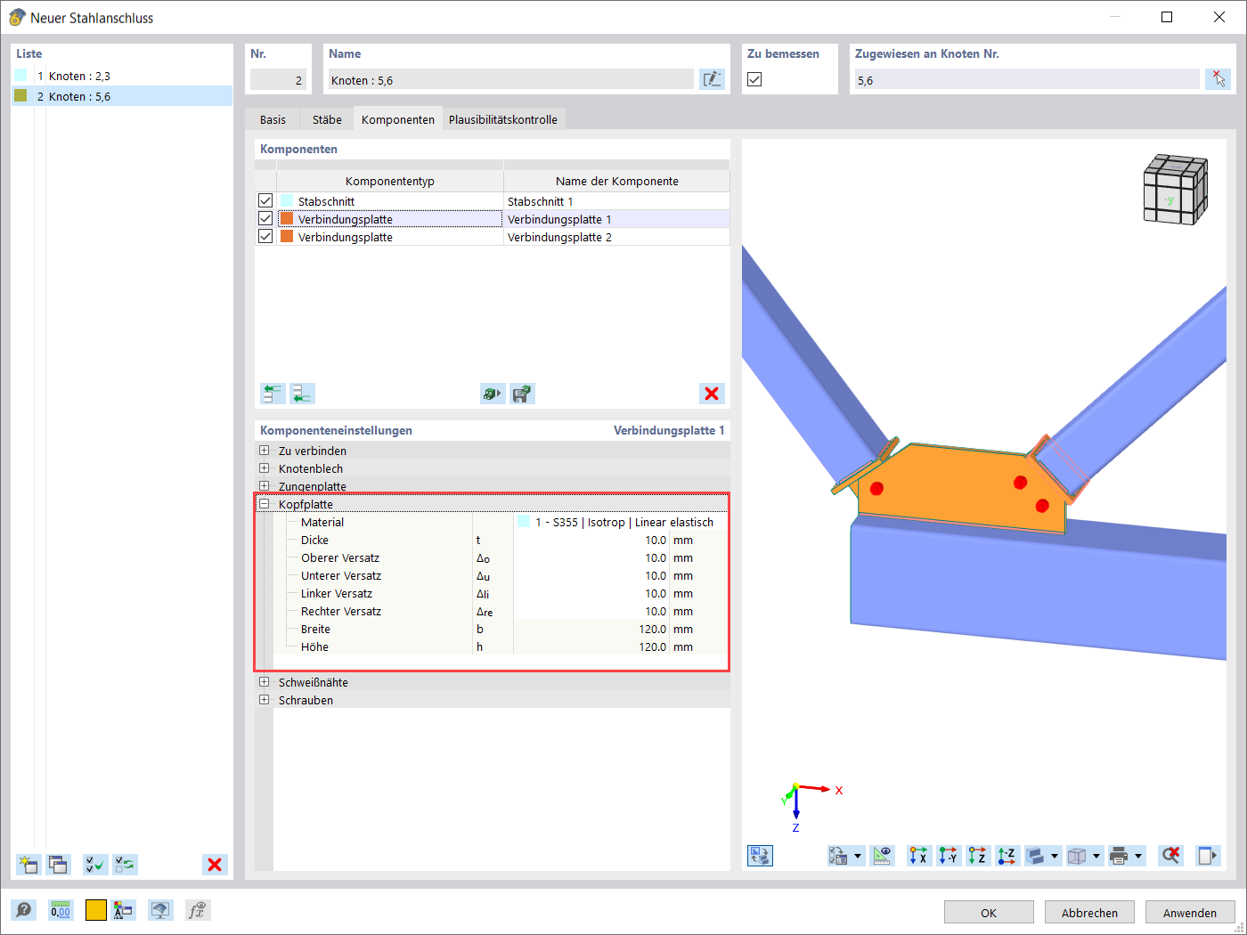 Einstellungen für Kopfplatte