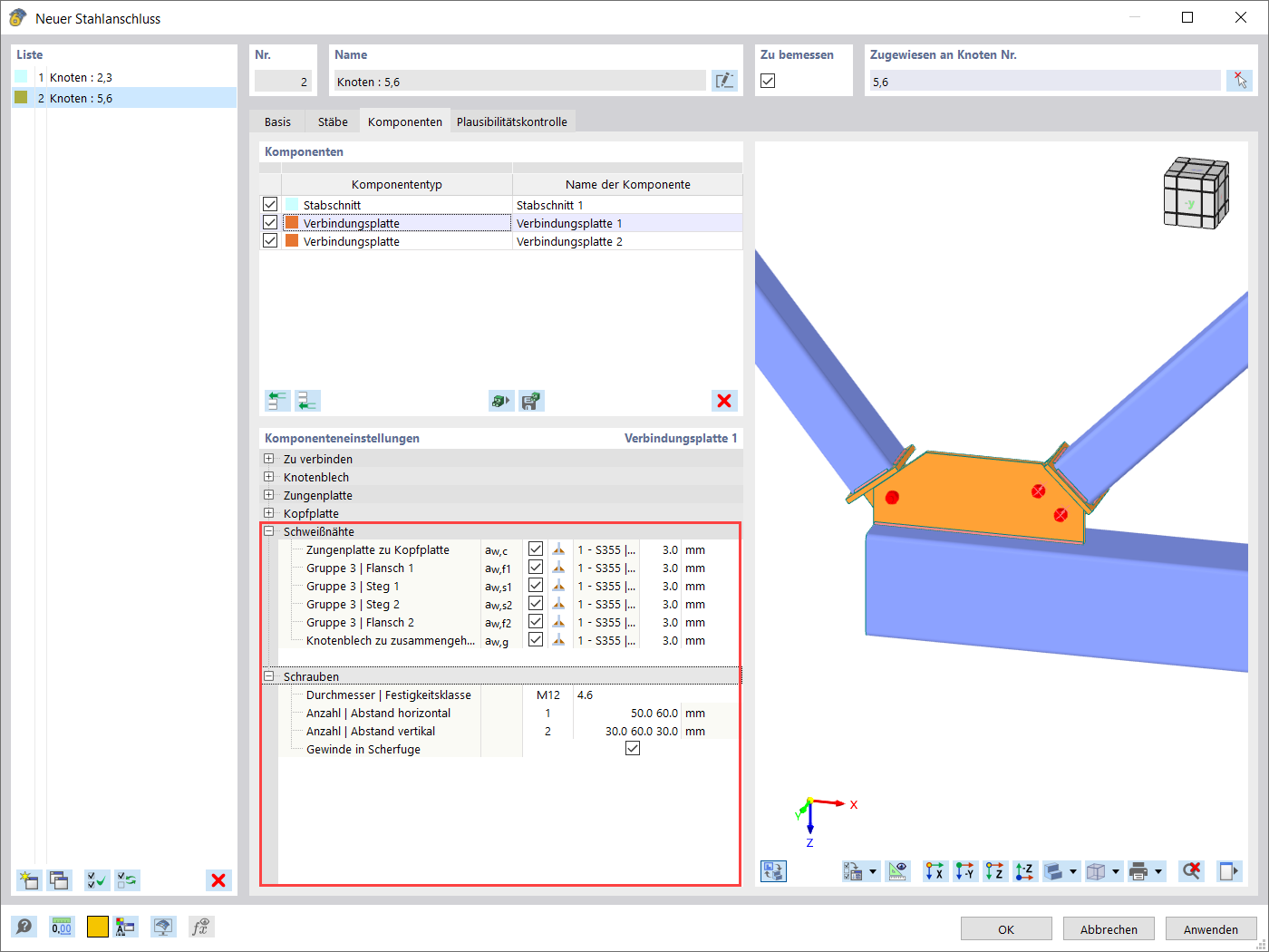 Einstellungen für Schweißnähte und Schrauben