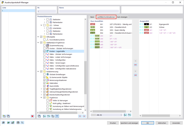 Lagerkräfte für ausgewählte Lastfälle/Kombinationen