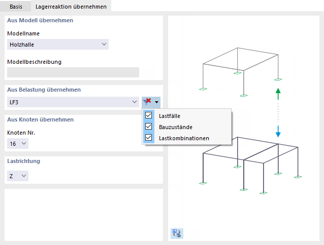 Modell, Belastung und Knoten zum Importieren der Lagerreaktion festlegen
