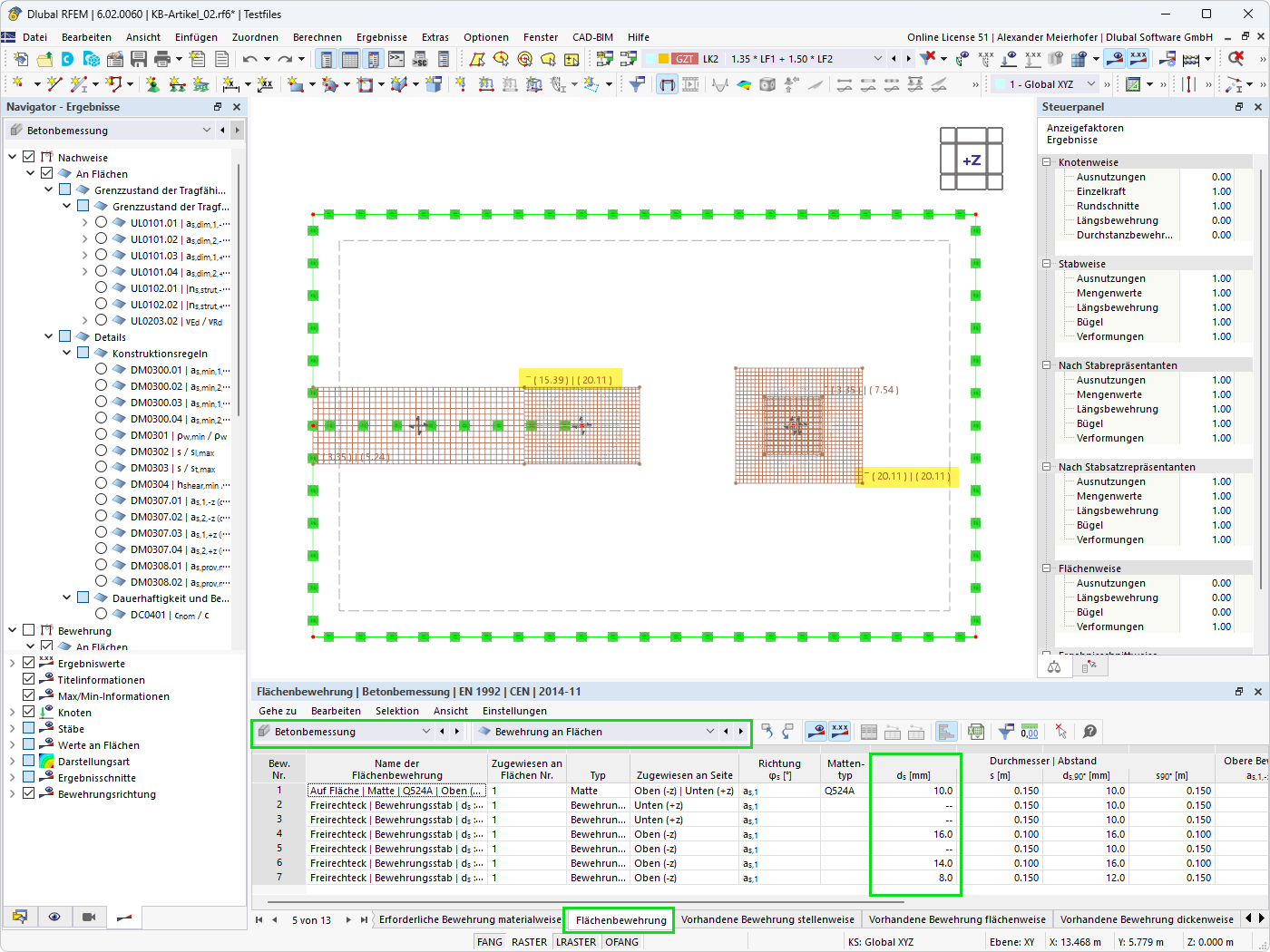 KB 001842 | Grafische und Tabellarische Ausgabe der automatischen Bewehrungsflächen