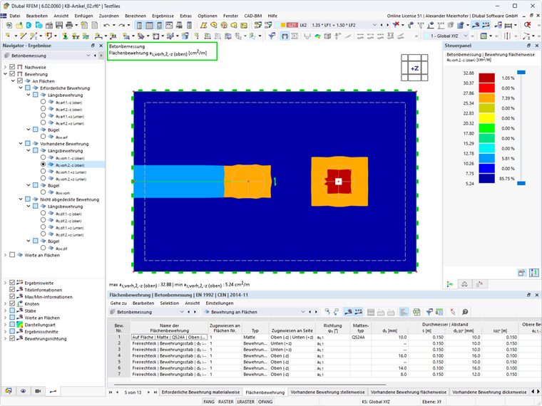 KB 001842 | Grafische Ergebnisausgabe für die vorhandene Flächenbewehrung