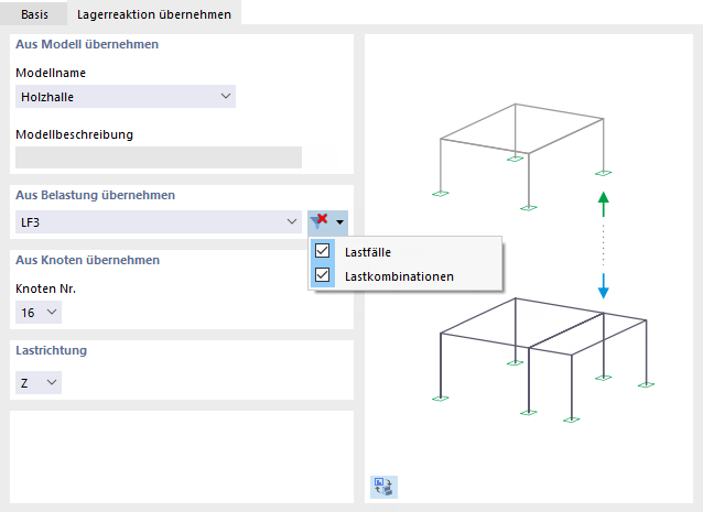Modell, Belastung und Knoten zum Importieren der Lagerreaktion festlegen