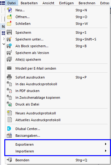 Schnittstellen im Menü 'Datei'