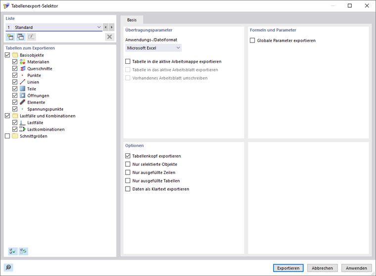 Dialog 'Tabellenexport-Selektor'