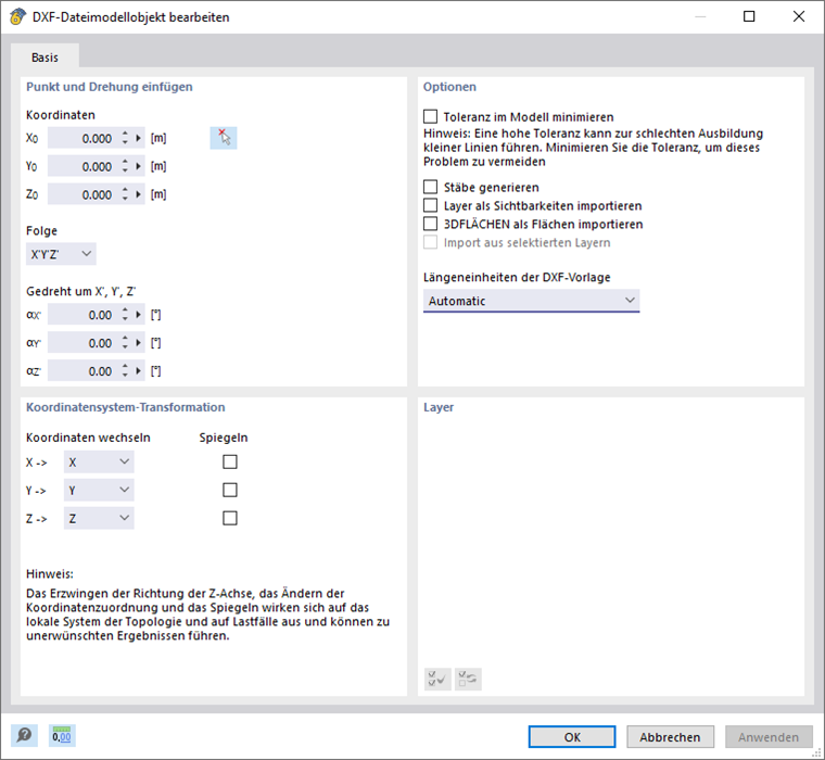 Einstellungen für DXF-Import