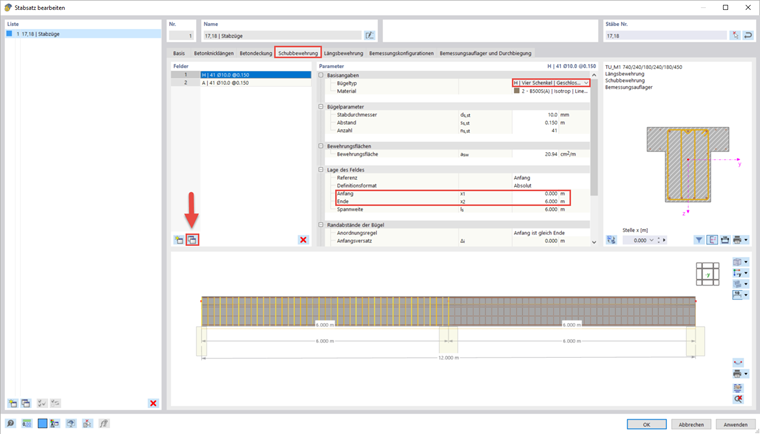 Schubbewehrung des Stabsatzes teilen