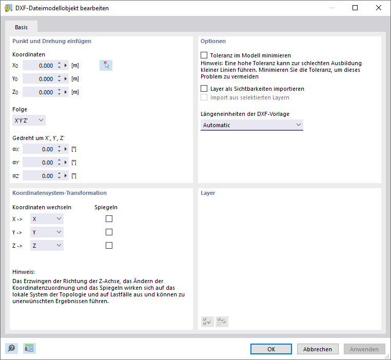 Einstellungen für DXF-Import