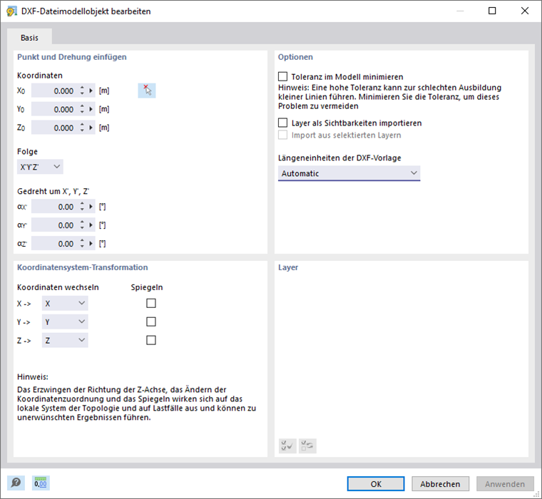 Einstellungen für DXF-Import