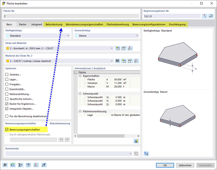 Bemessungseigenschaften einer Fläche aktivieren