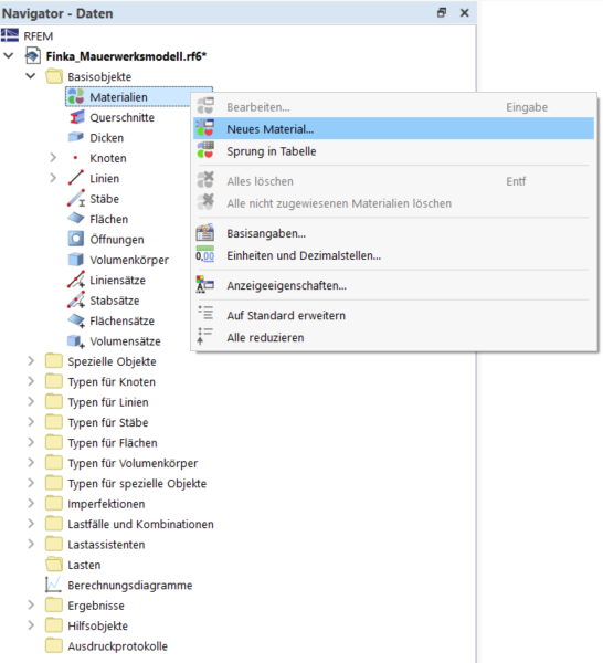 Modellierungsdialog zur Erstellung eines neuen Materials mit detaillierten Eingabefeldern.