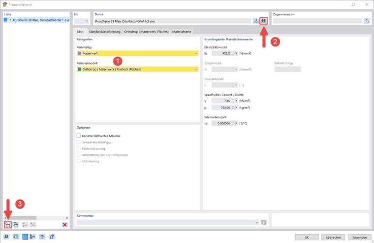 Benutzeroberfläche zur Definition neuer Baumaterialien mit Angaben zu ihren physikalischen Eigenschaften und Verwendungskategorien in der Software. Keine zusätzlichen Steuerungselemente sichtbar.