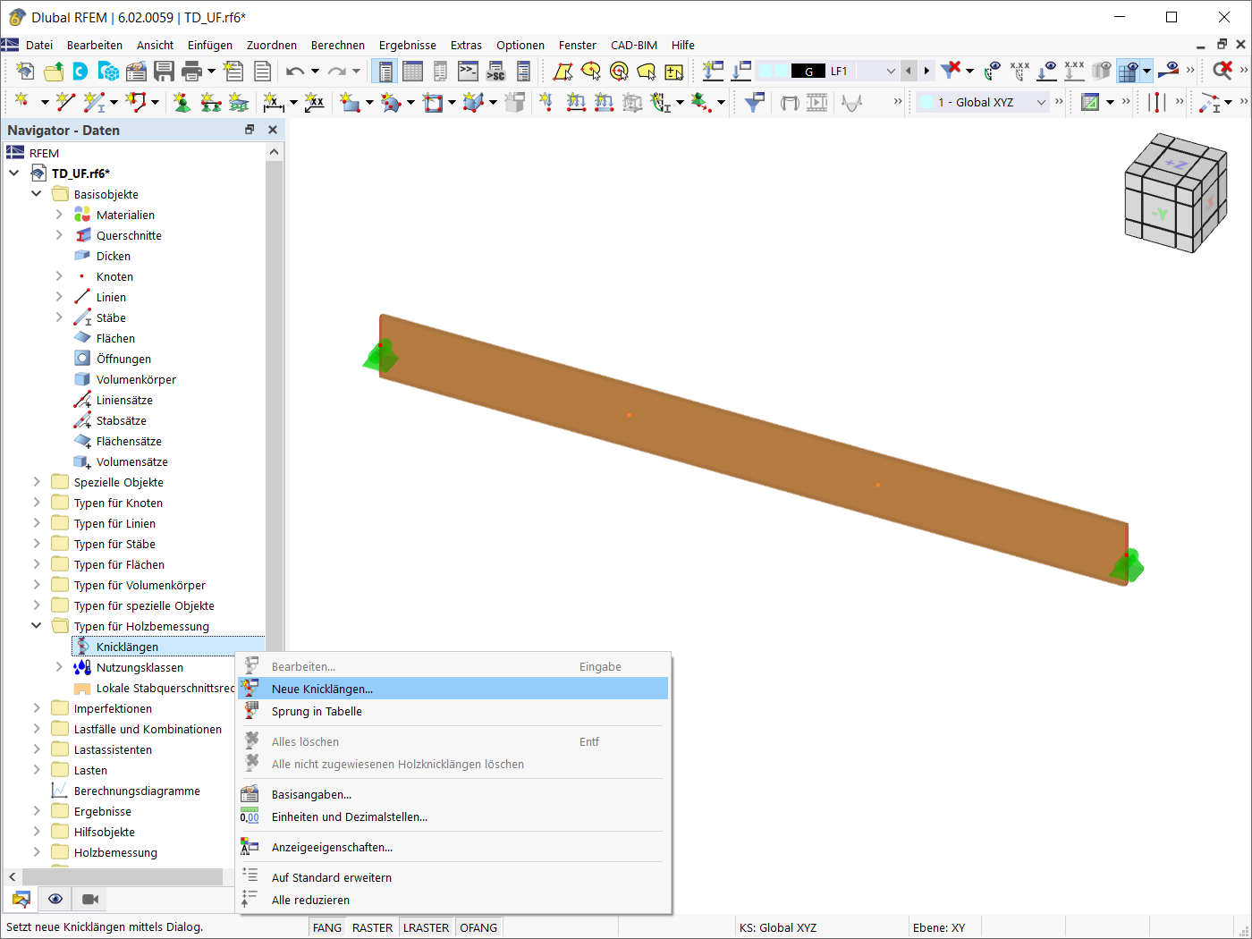Neue Knicklänge über das Register Daten im Navigator