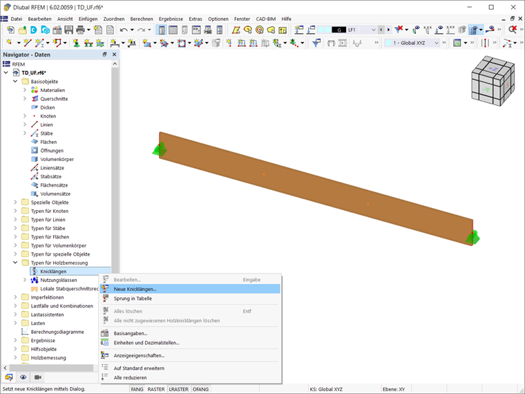 Neue Knicklänge über das Register Daten im Navigator