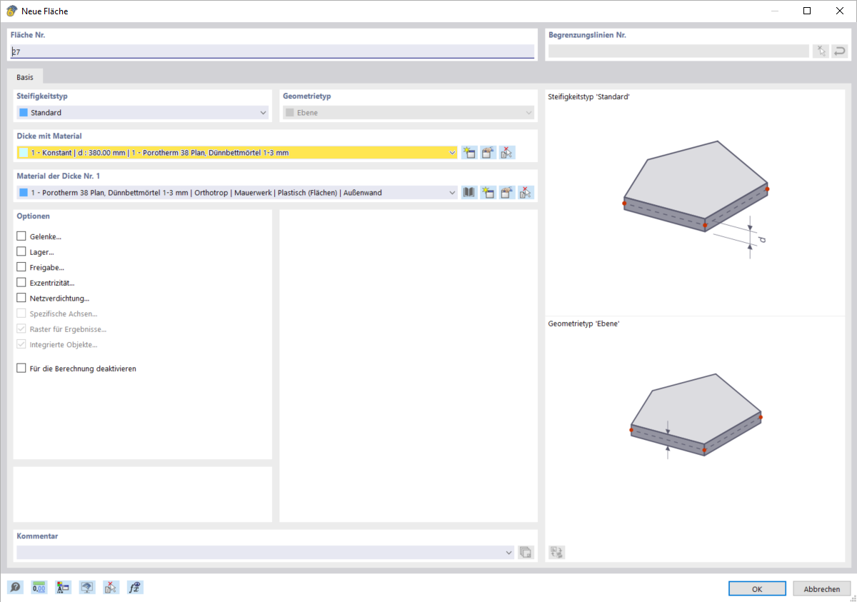 Dialogfenster zeigt Optionen für die Erstellung einer neuen Fläche, inklusive Materialwahl und geometrischen Einstellungen.