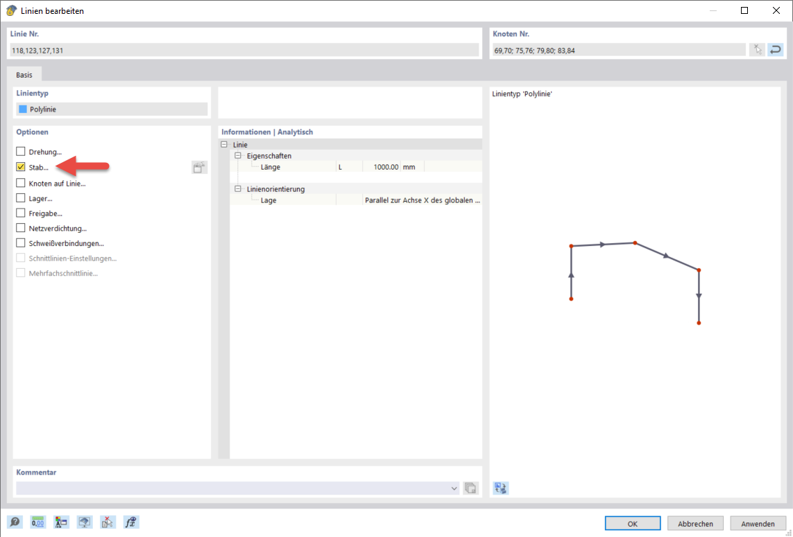 Die Staboption kann im Dialogfenster eines Bauplanungsprogramms aktiviert werden.