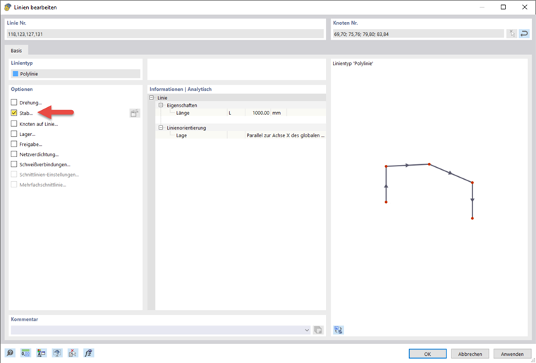Die Staboption kann im Dialogfenster eines Bauplanungsprogramms aktiviert werden.