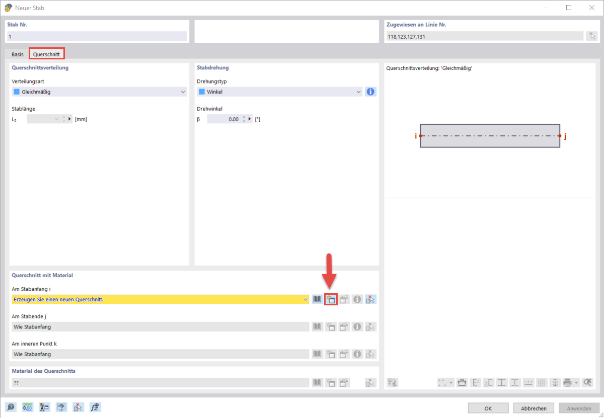 Dialogfenster zum Erstellen eines neuen Querschnitts für tragende Strukturen mit spezifischen Parametern und Abmessungen.