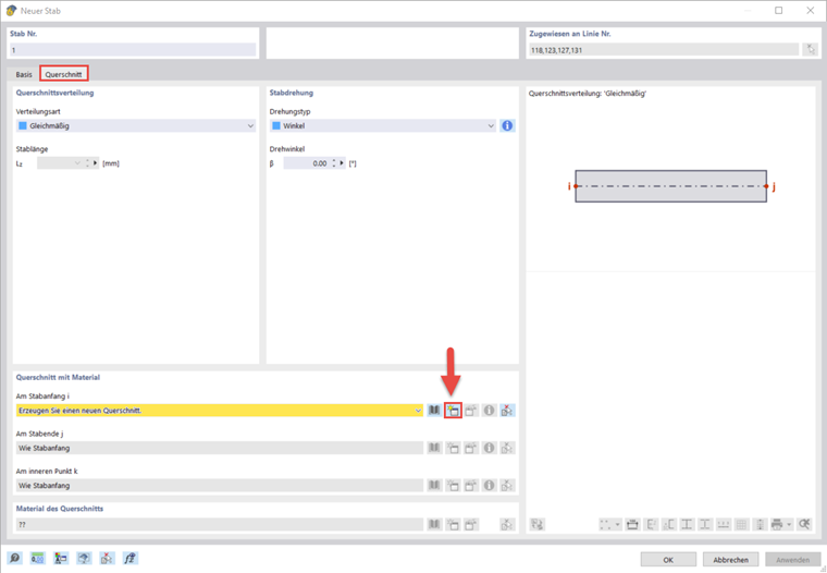 Dialogfenster zum Erstellen eines neuen Querschnitts für tragende Strukturen mit spezifischen Parametern und Abmessungen.