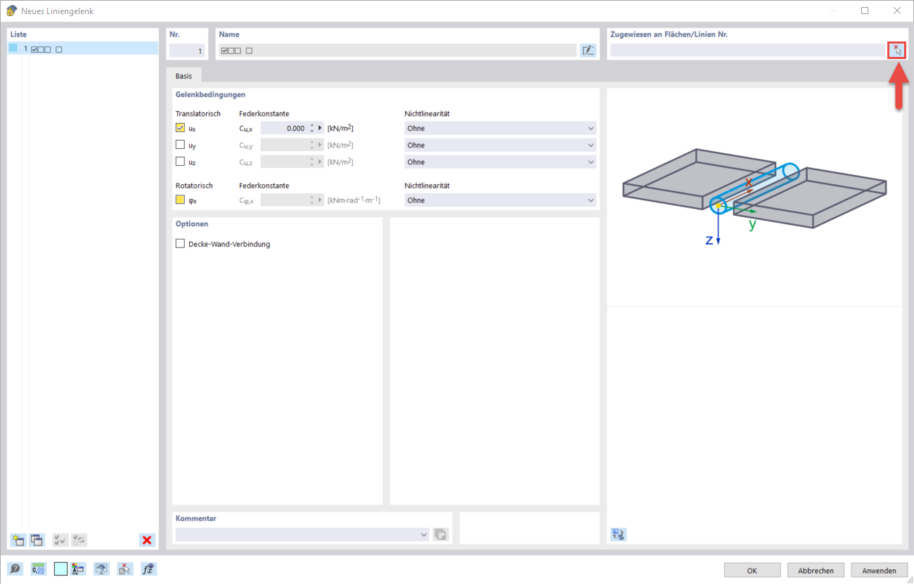 Eine Benutzeroberfläche zeigt Dialogfenster zur Konfiguration eines Liniengelenks mit Bearbeitungsoptionen und Parametereinstellungen.